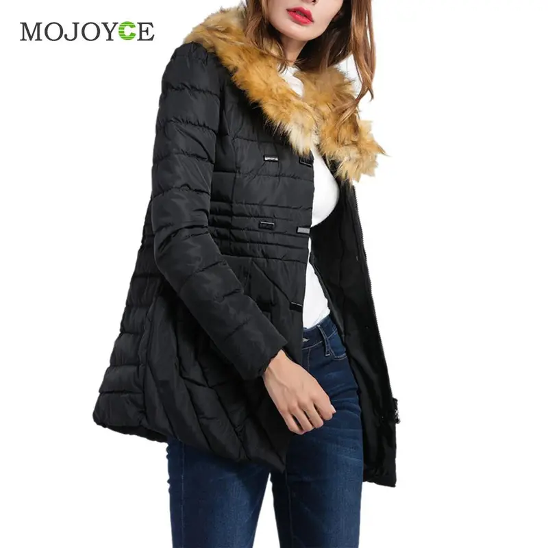 Faux Fur Hooded Collar Double Breasted Cotton-Padded Coat 3