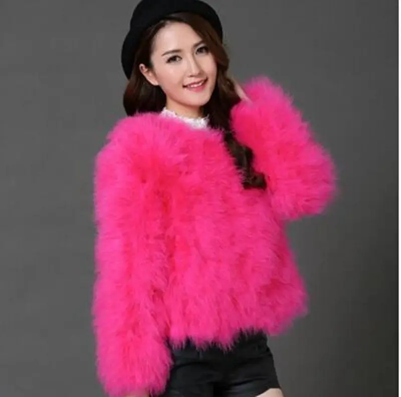Faux Ostrich Fur Short Jacket for Women – Shaggy Warm Outerwear in Flamingo-Inspired Texture