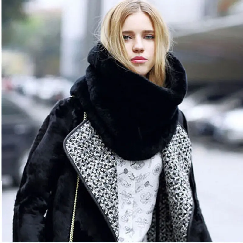 Faux Rabbit Fur Pullover Scarf Collar Shaggy Soft Faux Fur Shawl Cap Scarves False Collar Black 1