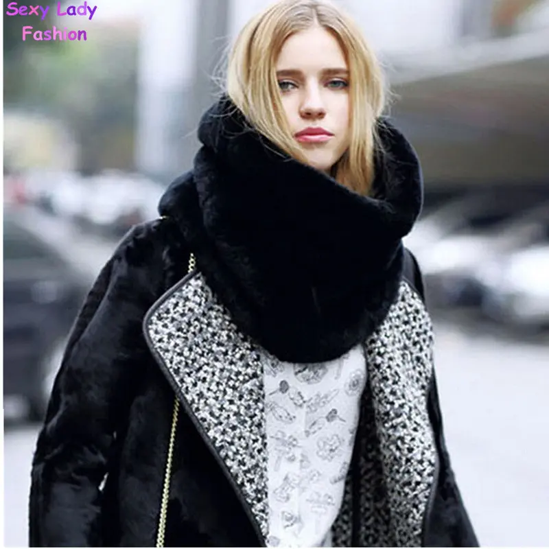 Faux Rabbit Fur Pullover Scarf Collar Shaggy Soft Faux Fur Shawl Cap Scarves False Collar Black 2
