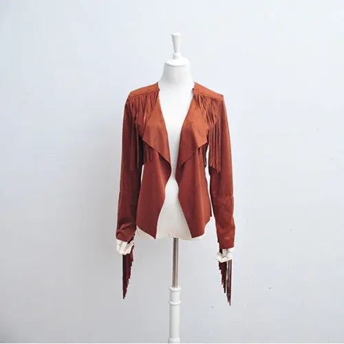 Faux Suede Small Lapel Tassel Irregular Fringed Cardigan Short Jacket Casual Outwear Coat Tops Black Khaki S - Xl 1