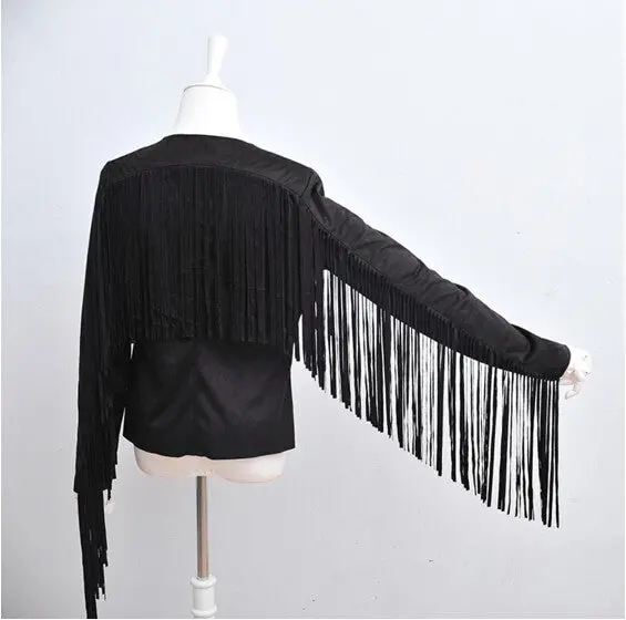 Faux Suede Small Lapel Tassel Irregular Fringed Cardigan Short Jacket Casual Outwear Coat Tops Black Khaki S - Xl 10