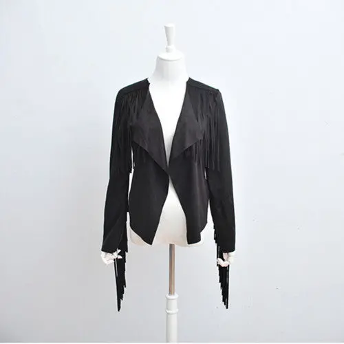Faux Suede Small Lapel Tassel Irregular Fringed Cardigan Short Jacket Casual Outwear Coat Tops Black Khaki S - Xl 5