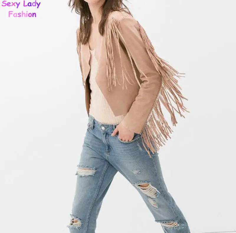 Faux Suede Small Lapel Tassel Irregular Fringed Cardigan Short Jacket Casual Outwear Coat Tops Black Khaki S - Xl 5