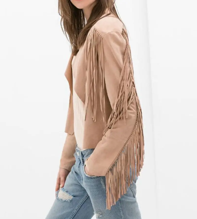 Faux Suede Small Lapel Tassel Irregular Fringed Cardigan Short Jacket Casual Outwear Coat Tops Black Khaki S - Xl 6
