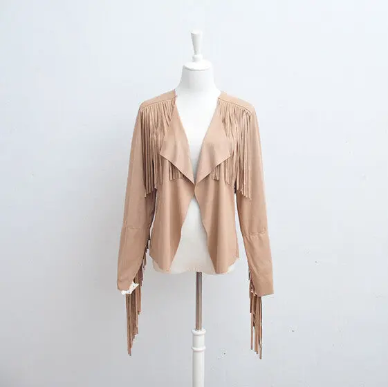 Faux Suede Small Lapel Tassel Irregular Fringed Cardigan Short Jacket Casual Outwear Coat Tops Black Khaki S - Xl 9
