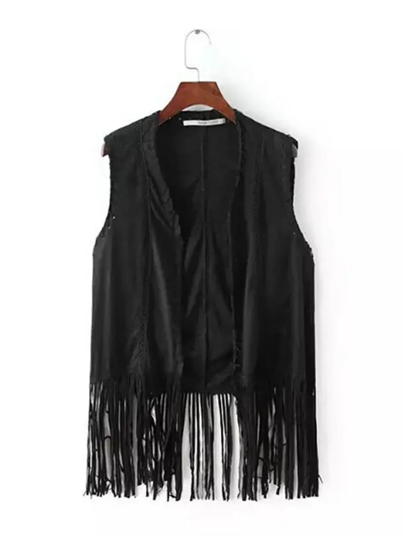 Faux Suede Tassel Weave V Neck Mid Long Vest Retro Women's Sleeveless Suit Slim Fit Gilet Waistcoat Tops Black 1