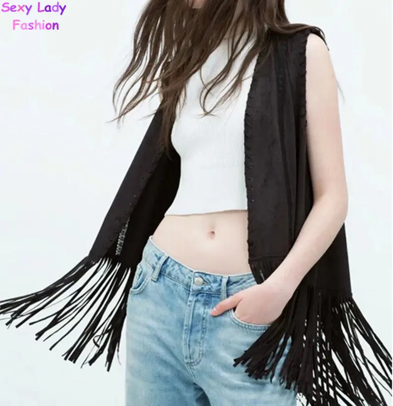 Faux Suede Tassel Weave V Neck Mid Long Vest Retro Women's Sleeveless Suit Slim Fit Gilet Waistcoat Tops Black 2