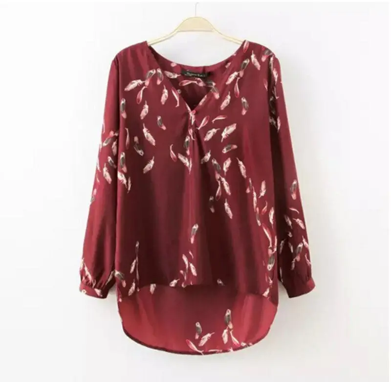 Feather Print V Neck Shirts Women Long Sleeve Irregular Pullover Blouses Tops Wine Red S M L 1