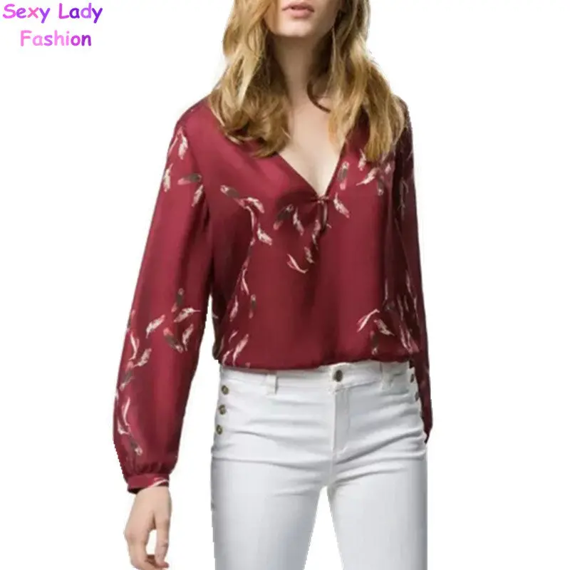 Feather Print V Neck Shirts Women Long Sleeve Irregular Pullover Blouses Tops Wine Red S M L 2