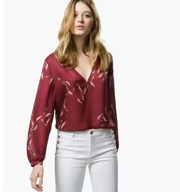 Feather Print V Neck Shirts Women Long Sleeve Irregular Pullover Blouses Tops Wine Red S M L 3