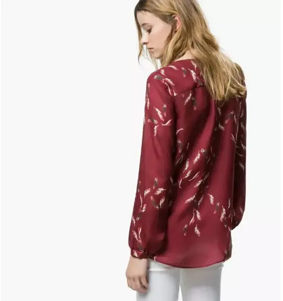 Feather Print V Neck Shirts Women Long Sleeve Irregular Pullover Blouses Tops Wine Red S M L 4