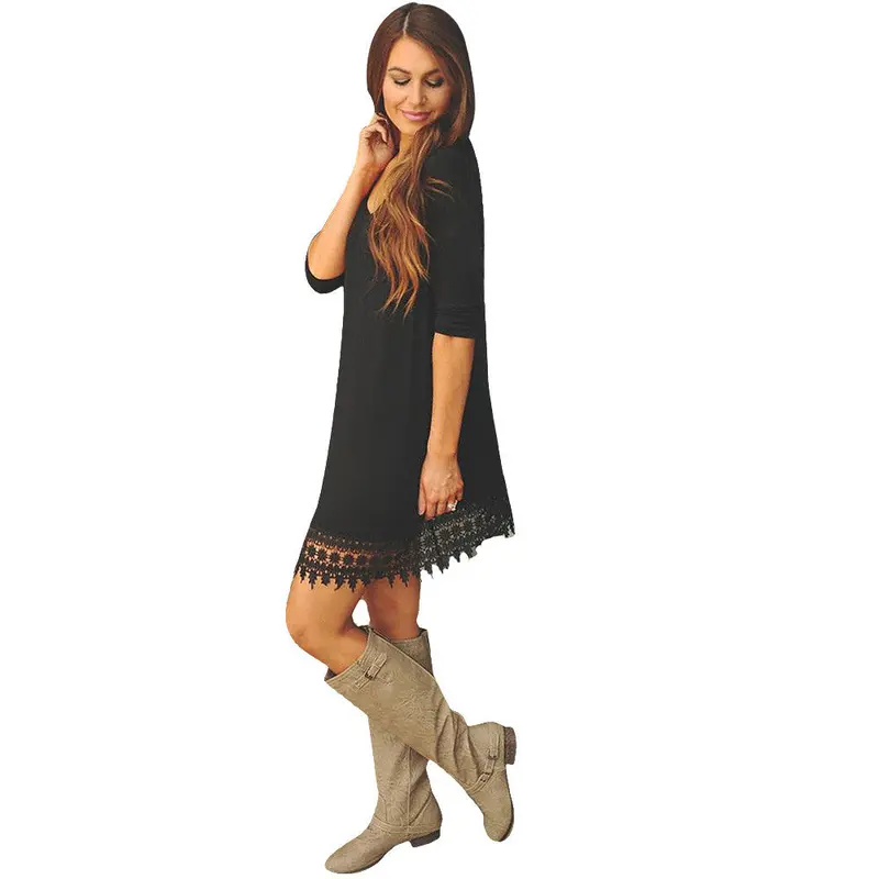 Feiad Sexy Hem Lace Splice Long Sleeve Party Bodycon Mini Dress Plus Size Vestidos Robe Women Dresses L 5