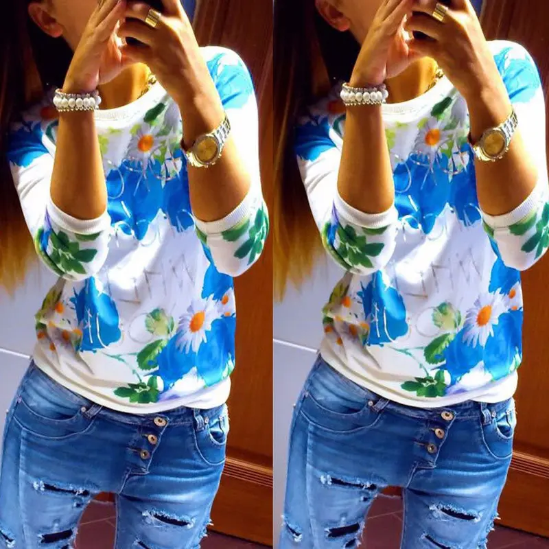 Feida 3 Colors Blusas Women Floral Sweatshirt Three Quarter Pullover Free Sizes Blouse 6