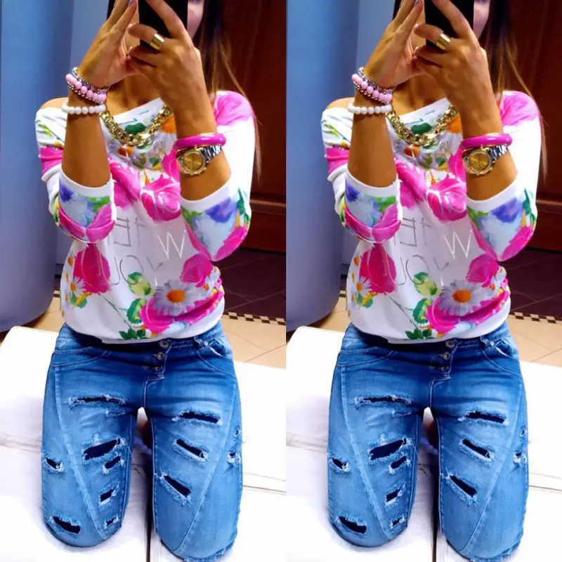 Feida 3 Colors Blusas Women Floral Sweatshirt Three Quarter Pullover Free Sizes Blouse 7