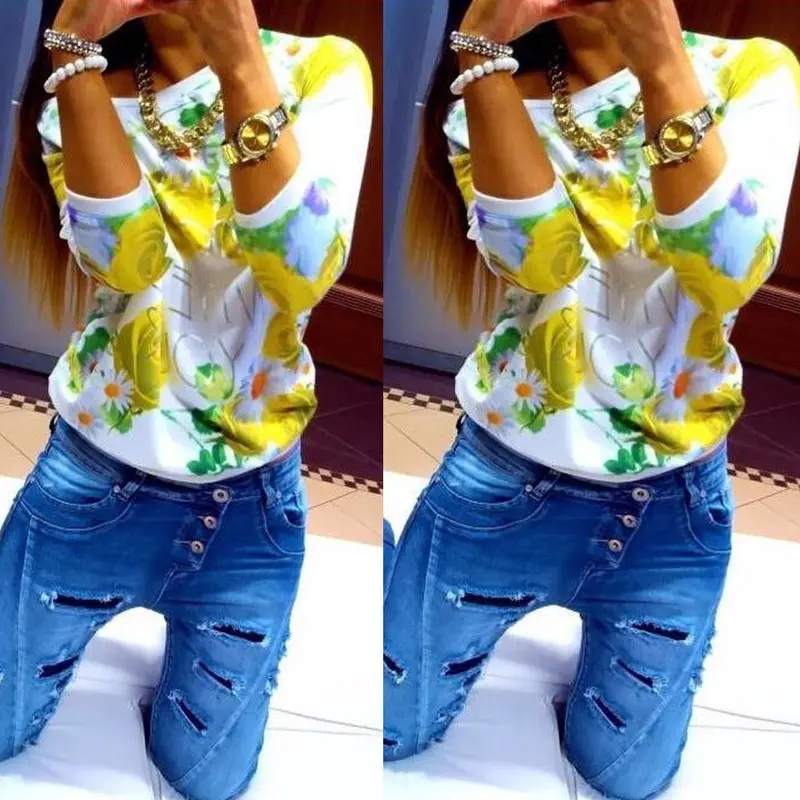 Feida 3 Colors Blusas Women Floral Sweatshirt Three Quarter Pullover Free Sizes Blouse 8