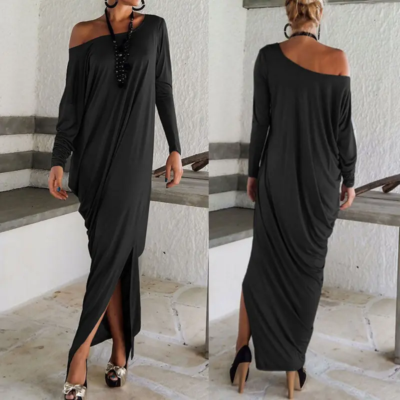 Feida 4 Colors Women Sexy Vintage Casual Long Sleeve Long Maxi Dress Plus Size 1