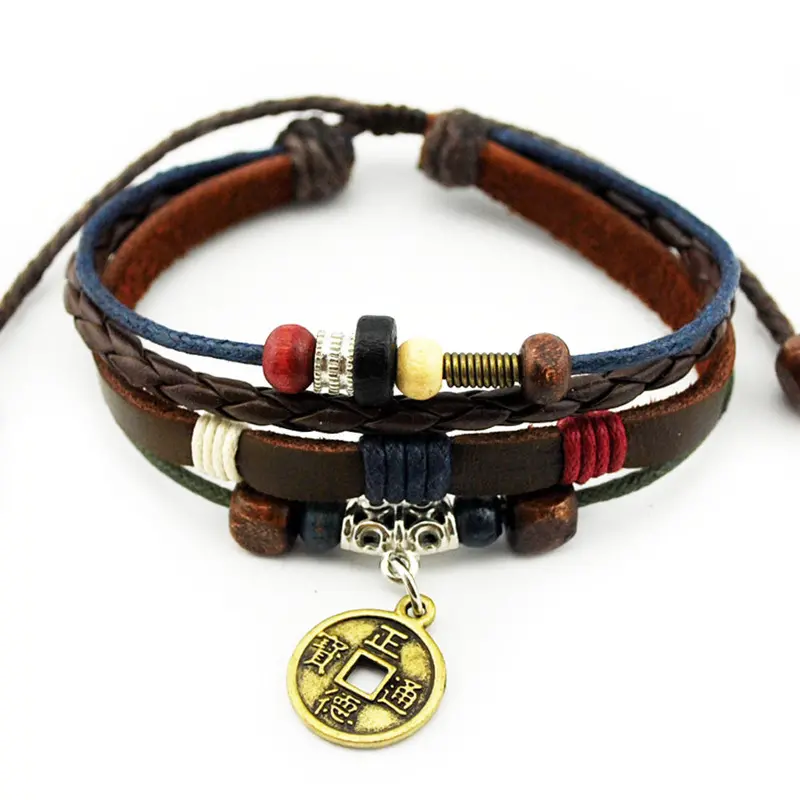 Feida Ancient Metal Copper Pendant Adjustable Length Wood Cube Braied Bracelet & 1