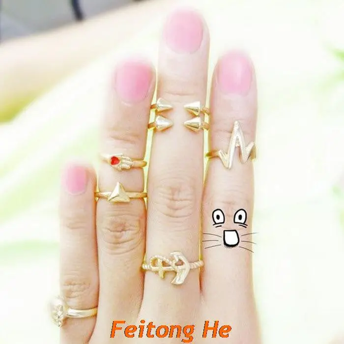Feida Arrive 7Pcs Cool Skull Anchor Gold Cut Above Knuckle Ring Band Midi Rings Mix & 1