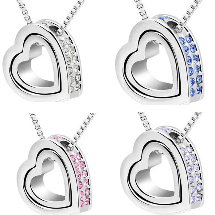 Feida Arrivel Double Heart Crystal Rhinestone Eternal Love Silver Necklace & 1