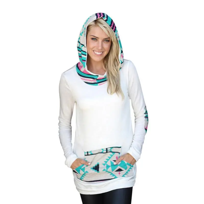 Feida Autum Womens Geometric Printing Pocket Hoodie Hooded Pullover Tops Blouse Fast Shipping 1