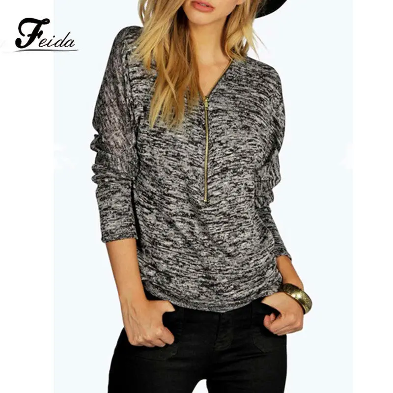 Feida Blusas Long Sleeve Round Neck Zipper Shirt Women Blouse Tops 1