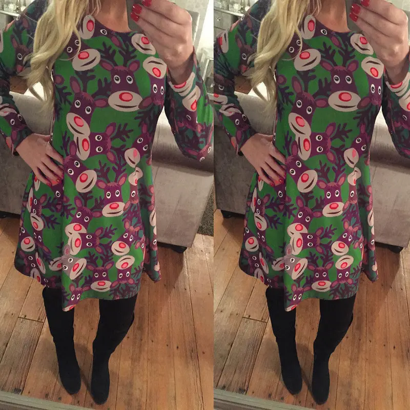 Feida Christmas Party Dresses Ladies Women Casual Long Sleeve David Deer Printing Swing Dress Robe De Soiree Courte Ropa Mujer 1