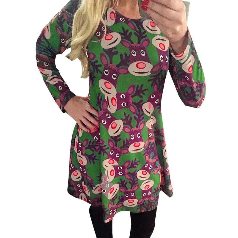 Feida Christmas Party Dresses Ladies Women Casual Long Sleeve David Deer Printing Swing Dress Robe De Soiree Courte Ropa Mujer 2