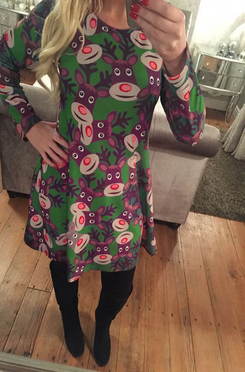 Feida Christmas Party Dresses Ladies Women Casual Long Sleeve David Deer Printing Swing Dress Robe De Soiree Courte Ropa Mujer 3