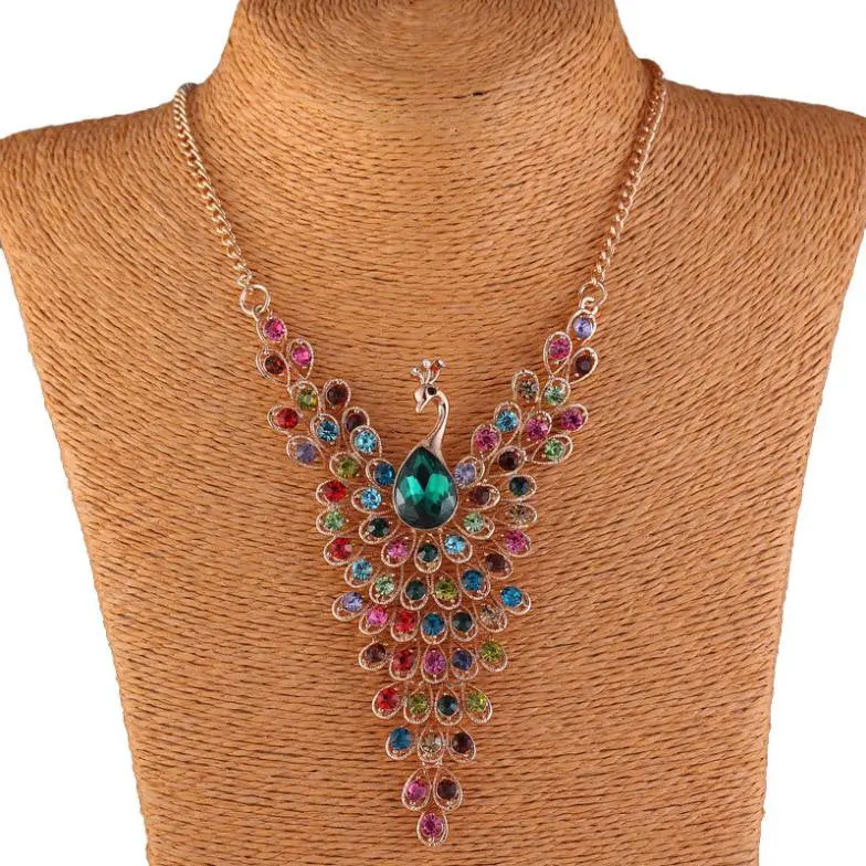Feida Colorful Peacock Bird Rhinestone Beaded Wing Gold Y Bib Collar Necklace 1