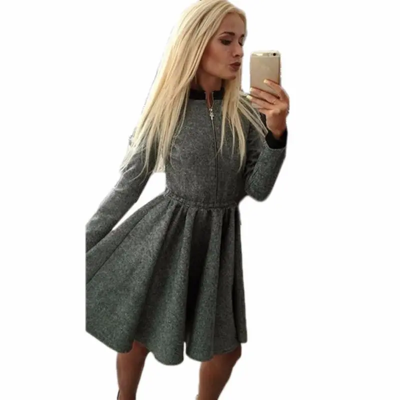 Feida Cotton Blend Dress Women Casual Long Sleeve Warm Party Dresses Zipper Vestidos Mujer Ladies' Plus Size Mini Dress 1