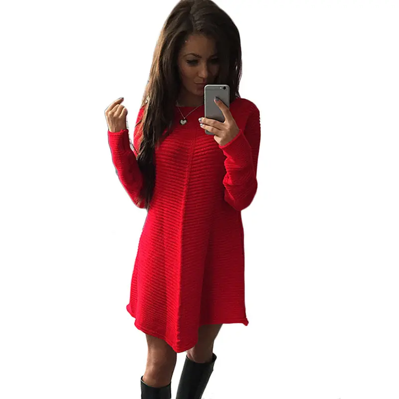 Feida Dress Women Ladies Loose Knitted Sweater Jumper Pullover Knitwear Sexy Red Dress Office Dress Dresses Plus Size 9