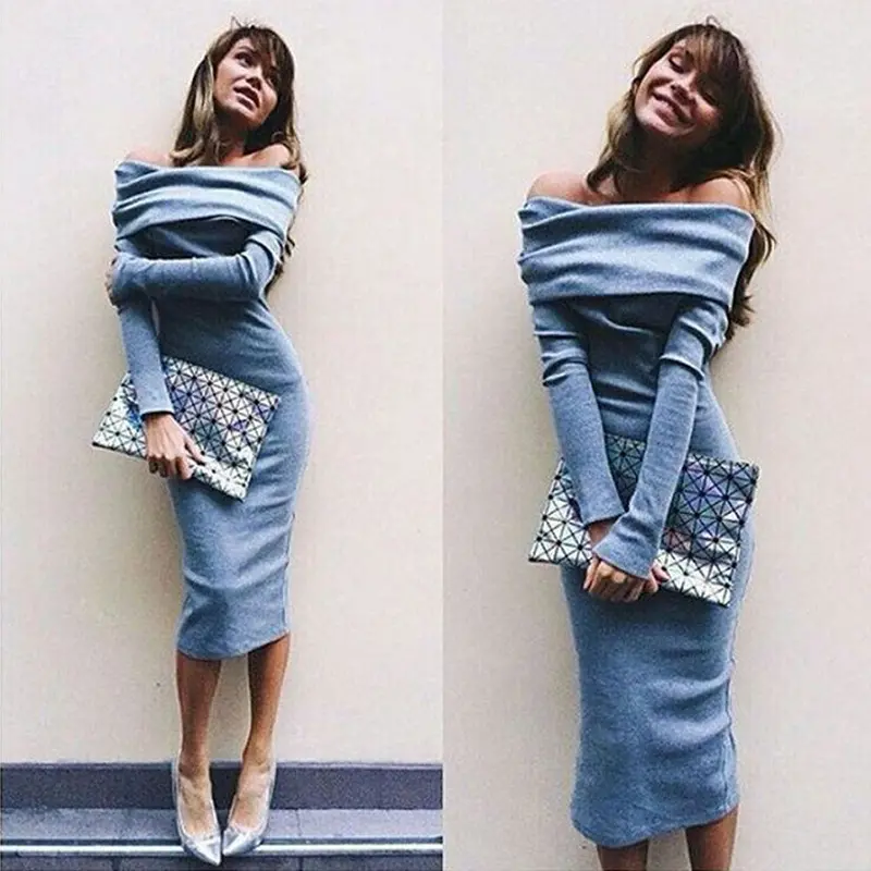 Feida Dresses Women Dress Long Sleeve Off Shoulder Warm Clothes Stretch Bodycon Dress Blue 1