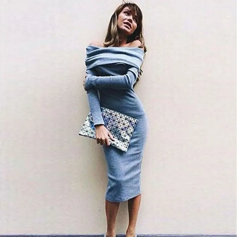 Feida Dresses Women Dress Long Sleeve Off Shoulder Warm Clothes Stretch Bodycon Dress Blue 2