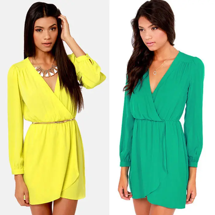 Feida Excellent Women Chiffon Slim Sexy Deep V-Neck Long Sleeve Club Dress 1