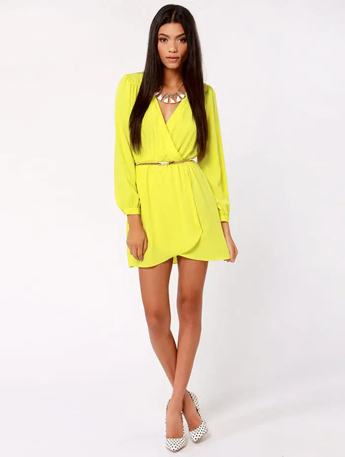 Feida Excellent Women Chiffon Slim Sexy Deep V-Neck Long Sleeve Club Dress 2