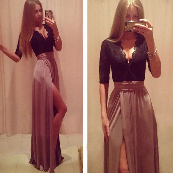 Feida Excellent Women Lace Dress Formal Evening Long Prom Side Slit Dress 1