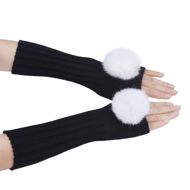 Feida Gloves Women's Warm Hair Bulb Knitting Half Fingerless Gloves Ladies Gloves 1