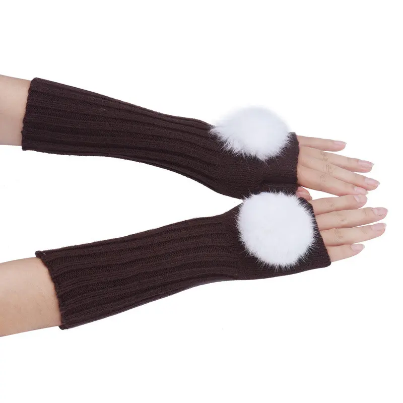 Feida Gloves Women's Warm Hair Bulb Knitting Half Fingerless Gloves Ladies Gloves 2