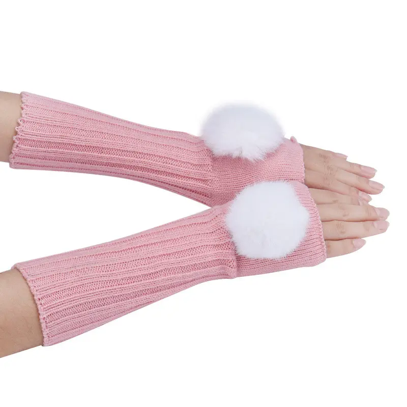 Feida Gloves Women's Warm Hair Bulb Knitting Half Fingerless Gloves Ladies Gloves 5