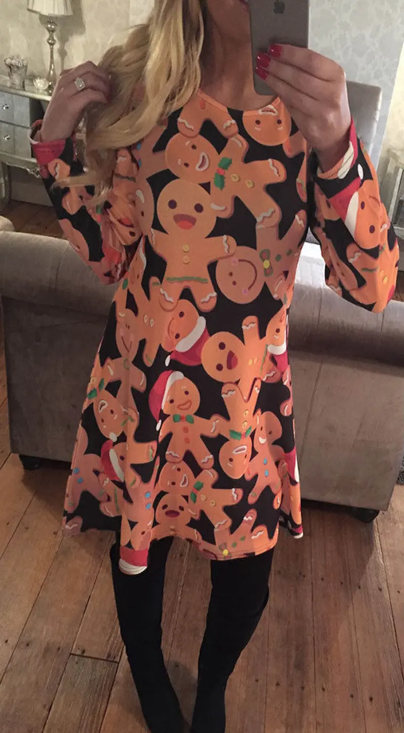 Feida Ladies Women Long Sleeve Olaf Dolls Gift Printing Christmas Party Swing Dress Vestidos De Festa Robe Hiver Plus Size 3