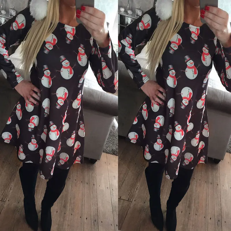 Feida Ladies Women Long Sleeve Snowman Printing "Christmas" Party Swing Dress Vestidos Femininos Robe 1