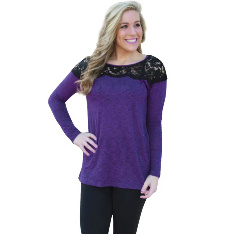 Feida Long Sleeve O-Neck Lace Loose Blouse Shirt Blusas Plus Size 1