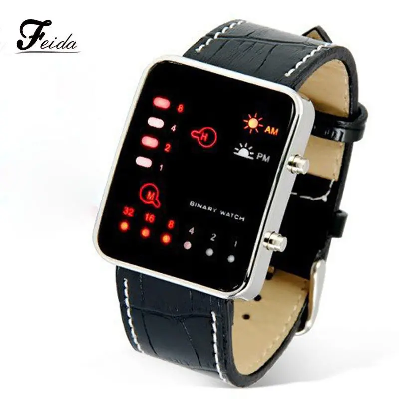 Feida Men's Watch Digital Red Led Sport Wrist Watch Binary Wristwatch Pu Leather Women Relogio Masculino 1