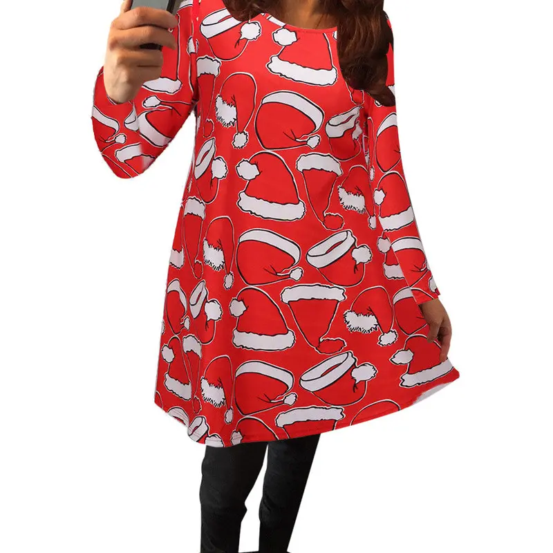 Feida Party Dresses For Women Ladies Long Sleeve Santa Hat Printing Red "Christmas" Swing Dress Dress Plus Size 1