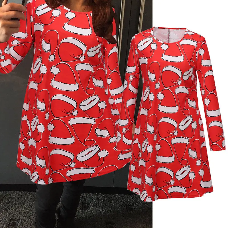 Feida Party Dresses For Women Ladies Long Sleeve Santa Hat Printing Red "Christmas" Swing Dress Dress Plus Size 2
