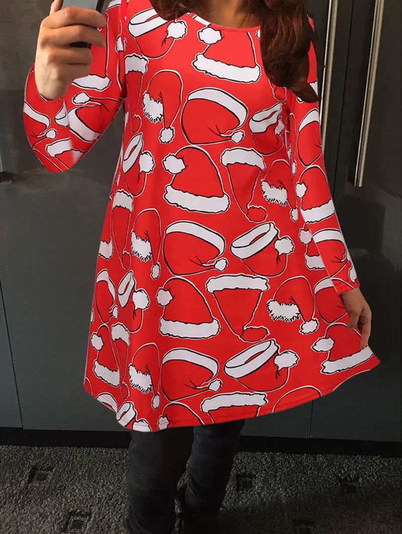 Feida Party Dresses For Women Ladies Long Sleeve Santa Hat Printing Red "Christmas" Swing Dress Dress Plus Size 4