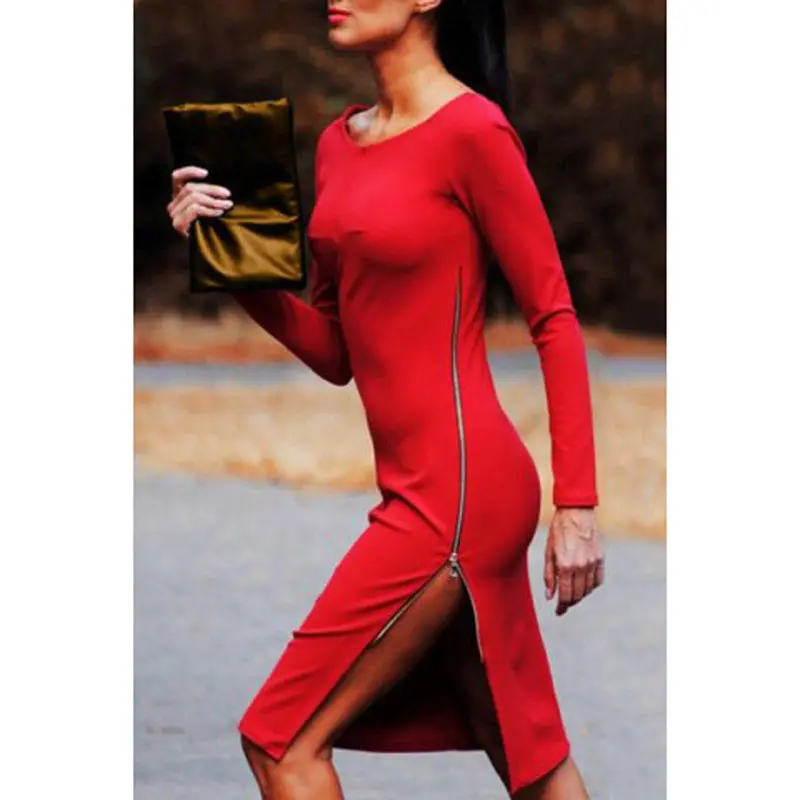 Feida Party Dresses Lady Long Sleeve Side Split Zipper Up Slim Fit Red Bodycon Dress Vestidos Plus Size 2