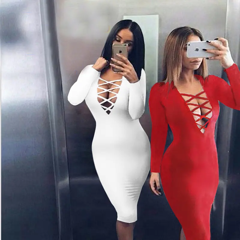 Feida Party Dresses Women Sexy Long Sleeve Dress Slim Pencil Bodycon Bandage Dress Vestidos Robe 4