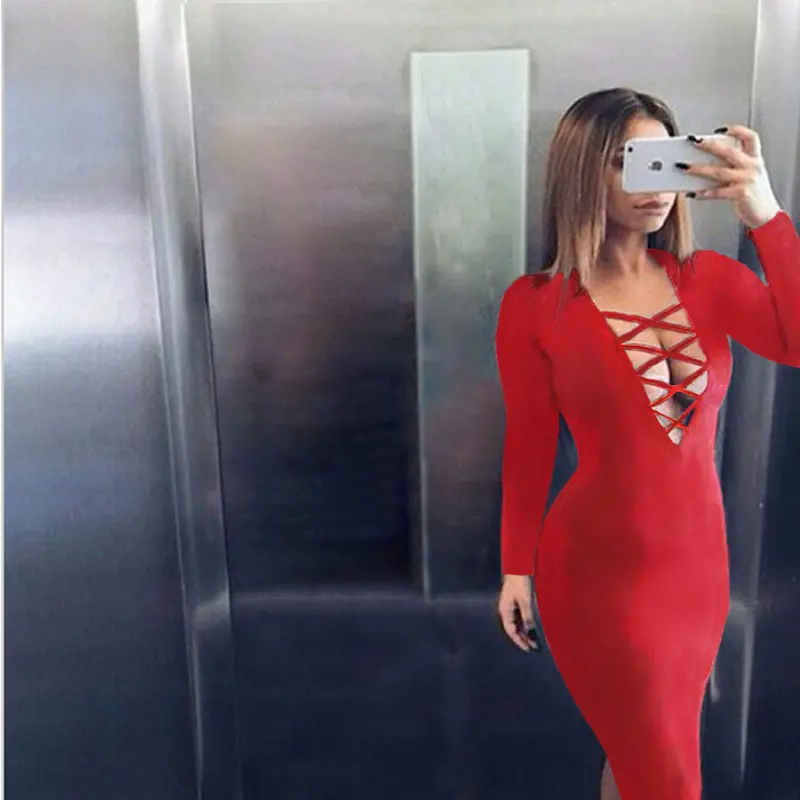 Feida Party Dresses Women Sexy Long Sleeve Dress Slim Pencil Bodycon Bandage Dress Vestidos Robe 5